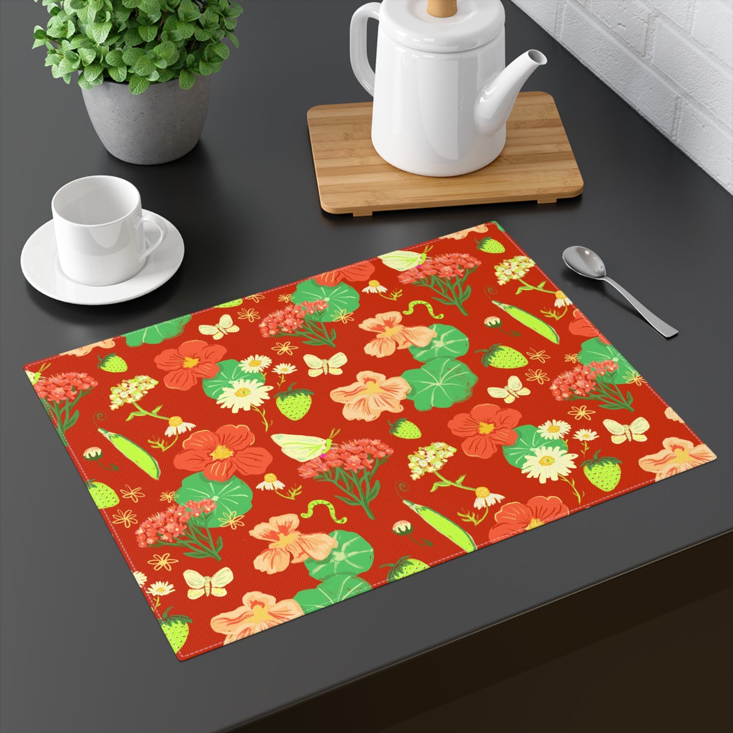 Floral Summer Placemat — Red Nasturtium & Strawberry Table Mat Set of 4