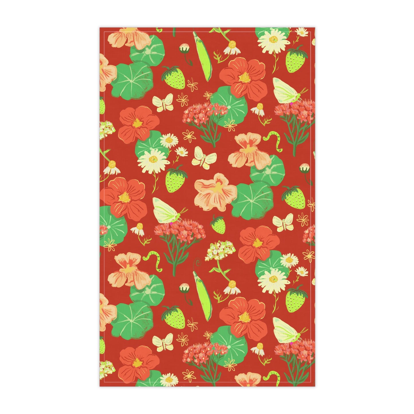 Nasturtium & Strawberry Floral Tea Towel — Bright Red Kitchen Towel