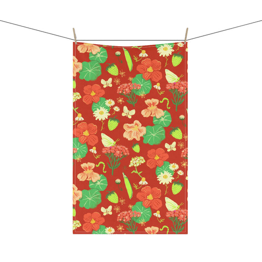 Nasturtium & Strawberry Floral Tea Towel — Bright Red Kitchen Towel