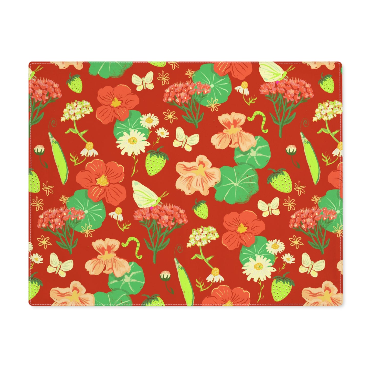 Floral Summer Placemat — Red Nasturtium & Strawberry Table Mat Set of 4
