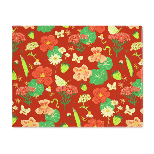 Floral Summer Placemat — Red Nasturtium & Strawberry Table Mat Set of 4